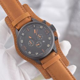 Sports car mens watches Brown strap watch Luxusuhr Black steel case Quartz Chronograph Wristwatches orologi da lusso212y