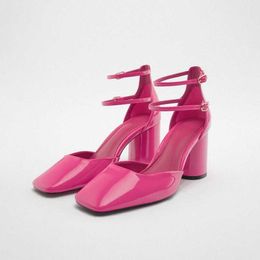 Dress Shoes TRAF Patent Leather High Heels Women Fashion Squared toe Ankle Sandals Ladies Block Heel Shoes Pink Office Lady Sandals L230216