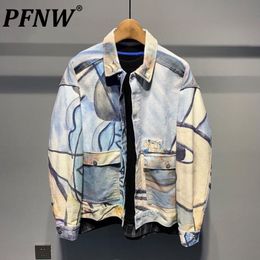 Mens Jackets PFNW Spring Autumn Pocket Fashion Loose Shirt Coat Oneck Print Single Breasted Chic Spliced Stylish 12A7776 230216