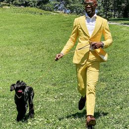 Men's Suits YiMinpwp Yellow Summer Men Linen Peaked Lapel Single Breasted Prom Blazer Jacket Tuxedos Suit 2 Piece Coat Pant