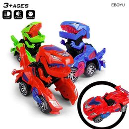 Action Toy Figures EBOYU Dinosaur Car Toys Transformable Dinosaur Car Pull Back Car Toy Electric 360°Spin with Light Music Action Walking for Kids 230217