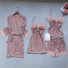 Women's Sleepwear Female Leopard Print 4PCS Pyjamas Suit Spring Summer Home Wear Sexy V-Neck Strap Top&Short Satin Casual Nightwear