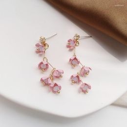 Dangle Earrings Pink Flower Stud For Women Sakura Purple Summer Cute Korean Crystals Long Tassels Earring Jewellery Charm Party Gifts