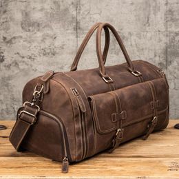 Duffel Bags Crazy Design Horse Real Leather Cylindrical Portable Travel Multifunctional Large Capacity Fitness Duffelbag Designer