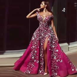 Split Evening Dresses With Detachable Train Pink Beads Mermaid Appliqued Prom Gowns Lace Luxury Party Dress robes de Custom Made