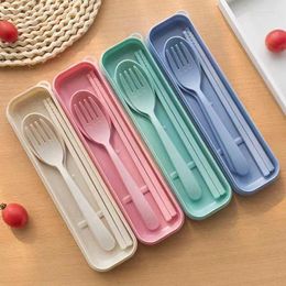 Dinnerware Sets Japanese-style Wheat Straw Portable Tableware Box Three-piece Set Of Student Children Chopsticks Long Handle Spoon Fork