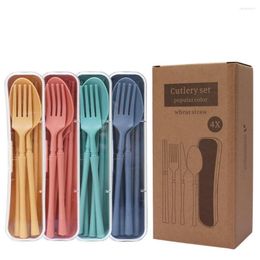 Dinnerware Sets Reusable Tableware Set Portable Travel Wheat Straw Knife Fork Spoon Chopsticks Cutlery With Storage Box Kitchen