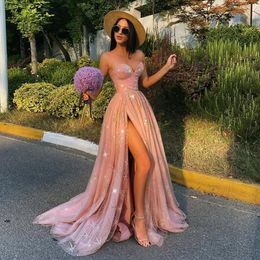 Sparkly Sequined Prom Dresses Sweetheart Neckline Evening Gowns A Line Side Split Sweep Train Tulle Special Occasion Formal Wear