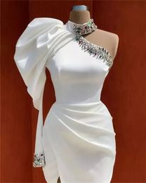 White Side Split Mermaid Prom Dresses Beaded High Neck Long Sleeve Evening Dress Party Second Reception Gowns BC13091