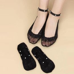 Women Socks 3 Pairs Women's Pearl Lace Breathable Ballerina Non Slip Transparent Low Womens Pack