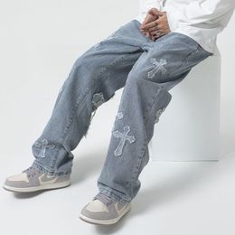 Хип-хоп с низкой посадкой Baggy Jean Cross Мужские джинсовые брюки Y2K Мужские корейские модные уличные брюки Женские негабаритные бойфренды