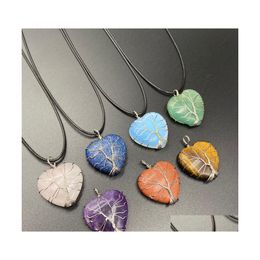 Pendant Necklaces Healing Crystal Natural Stone Tree Of Life Wire Wrap Heart Charms Turquoise Tiger Eye Lapsi Pink Rope Chain Whole Dhxqh