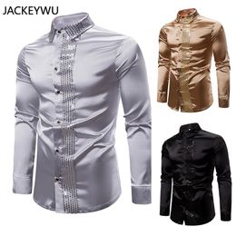 Men's Pants Shiny Gold Sequin Splice Black Silk Dress Shirt Men Long Sleeve Disco Party Casual Shirts Male Nightclub Prom