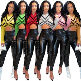 Women's T Shirts Casaul Women V-neck Striped Short Crop Tank Top Full Sleeve Party Night Clubwear Slim Clothes For Outfit