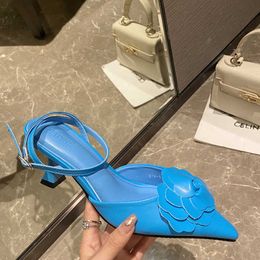 Dress Shoes Ladies Sandals 2022 Summer Women Pumps Blue Pointed Toe Sexy Flowers Korean Style Shoes For Female Solid Slides Thin High Heels L230216