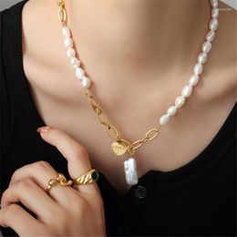 Chains Trendy Real Gold Plated Colour Freshwater Pearl Chain Necklace For Women Personality Heart Clavicle Necklaces Luxury Jewellery