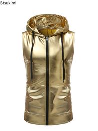 Men's Vests Shiny Gold Coated Metallic Tank Top Fashion Hip Hop Sleeveless Hoodie Nightclub Party Dance Zipper Tops Tee 230217