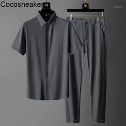 Men's Suits & Blazers High End Business Ultra-thin Ice Silk Short Sleeve Shirt Two-piece Set Seamless Glue Pressing Four Side Elastic Fabric