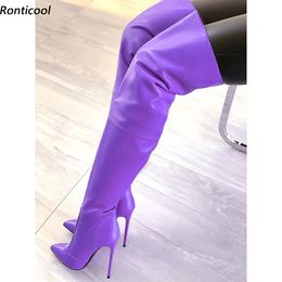 Ronticool Handmade Women Winter Over The Knee Boots Faux Leather Sexy Stiletto Heels Pointed Toe Purple Dress Shoes Us Size 5-15