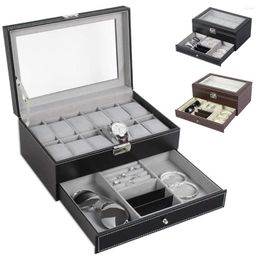 Watch Boxes 2-layers 12 Slots Box Storage PU Leather Watches Organizer Multi-function Jewelry Display Cases With Drawer Gifts