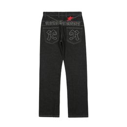 Men's Jeans Chic Star Letter Embroidery Black Hip Hop Men Straight Jeans Trousers Streetwear Male Baggy Denim Pants Fashion Spodnie 230217