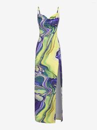 Casual Dresses ZAFUL Swirl Marble Print Thigh High Slit Maxi Dress Women Cowl Front Long Slip Party Night Out Outfits