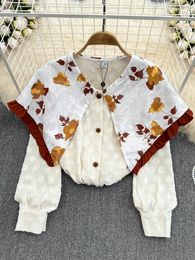 Women's Blouses Autumn Women Long Sleeve Tops Cotton Yarn Crochet Big Lapel Printed Floral Ladies Fair Shawl Single Breasted Shirt