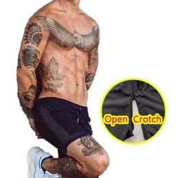 Men's Shorts Man Sport Open Crotch Pants Sexy Gay Breathable Mesh Crotchless Shorts Double Zipper Sweatshorts Adult Party Come Outdoor Sex Z0216