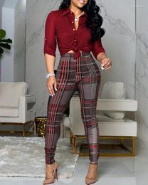 Women's Two Piece Pants Autumn Women 2 Pieces Plain Print Buttoned Shirt & Plaid Set 2023 Femme Knot Front Overalls Office Lady Outfit