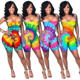 Women's Jumpsuits & Rompers Women Sexy Bodysuits Tie-dye Print Strap Strapless Backless Night Club Street Bandage One Piece Outfits GL6257