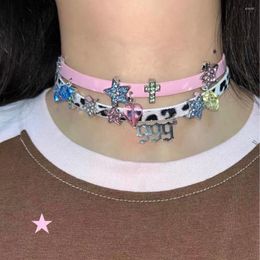 Choker Fashion Japanese Y2k Harajuku Jewelry Millennium Grunge Star Cross Aesthetic Rhinestone Pink Leather Necklace Chocker Trendy