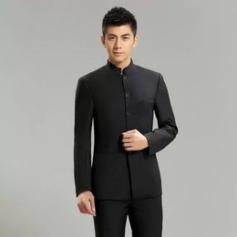 Slim Fit Mens Suit Stand Collor Wedding Tuxedos Jacket Trousers 2 Pcs Groom Wear Prom Party Blazer Fashion Dinner Suits