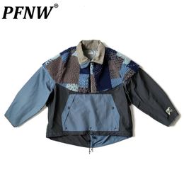 Mens Jackets PFNW Autumn Winter Korean Style Fleece Spliced Patchwork Coats Niche Design Turndown Collar Chic 28A0213 230216