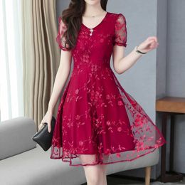 Casual Dresses Lace Summer Dress Women 2022 New Short Sleeve Floral Elegant Party Dress Female Vestidos Mujer Red Black Dresses Ladies Robe Z0216