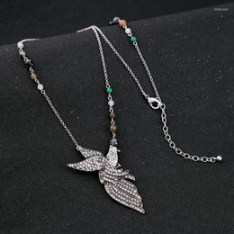 Pendant Necklaces Antique Silver Colour Synthetic Stone Beads Chain Crystal Bird Necklace Adjustable Women Fashion Jewellery