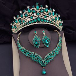 Wedding Jewelry Sets Green Crystal Crown Necklace Earring Luxury Bridal for Women Prom Tiaras Bride Dubai 230216