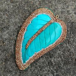 Pendant Necklaces 1 Pc Rhinestone Pave Blue Turquoise Carved Leafage Women Men Fashion Jewelry Stone