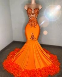 Sexy Orange Sheer Mesh Mermaid Prom Dresses Crystals Feathers Formal Birthday Party Dress Robes De Bal