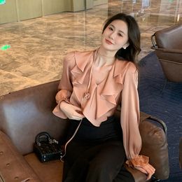 Women's Blouses Shirts Korean Fashion V-Neck Ruffles Satin Shirt Elegant Blouse Women Spring Long Sleeve Tops 230217