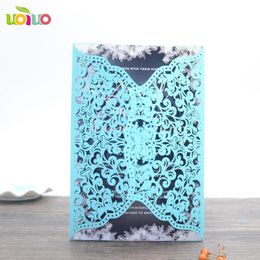 Greeting Cards 50set Inc237 Sky Blue Hollow Flowers Laser Cut Wedding Invitation Square Shape Engagement Party