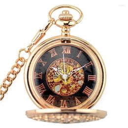 Pocket Watches Retro Rose Gold Skeleton Magnifier Mechanical Hand Wind & Fob Men's Watch Women Pendant Full Gift