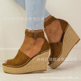 Sandals Women Flock Buckle Strap 8CM Wedges High Heels Round Toe Shallow Shoes Sandalias Mujer 2023 Size 35-42 Black