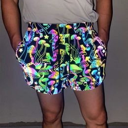 Men's Shorts PARKLEES Mushroom Printed Colorful Reflective Mens Shorts Shiny Hip Hop Dance Fluorescent Shorts for Men Night Sporting Joggers Z0216