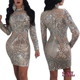 Casual Dresses Silver Sparkly Bodycon Dress Long Sleeve Women Sequin Dress Transparent Winter Elegant Sexy Night Club Mesh Glitter Party Dress Z0216