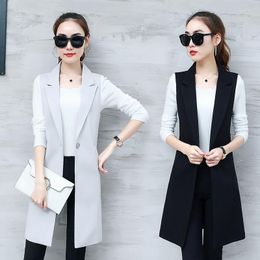 Women's Vests 2023 Spring Classic Women's Long Blazer Button Vest Elegant Office Lady Coat Female Waistcoat Causal Sleeveless Jacket