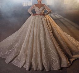 Luxury Ball Gown Wedding Dresses Appliques V Neck Long Sleeves Sequins Ruffles Appliques Floor Length Beaded Diamond Zipper Formal Dress Bridal Gowns Plus Size