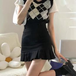 Skirts HOUZHOU Korean Fashion Pleated Mini Skirt Women Cute Casual Preppy Style High Waist Solid A-line Short Skirt for Girls Summer 230217