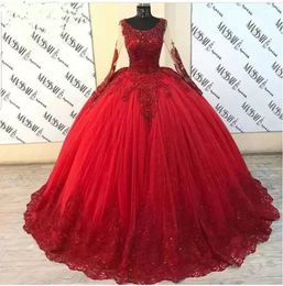 2023 Vintage Puffy Ball Gown Quinceanera Dresses Long Sleeve Red Tulle Beaded Lace Sweet 16 Mexican Party Dress Cinderella Ball Gowns BC11332 E0217