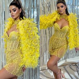 Aso Arabic Ebi Yellow Sheath Prom Dresses Beaded Crystals Short Evening Formal Party Second Reception Birthday Engagement Gowns Dress ZJ