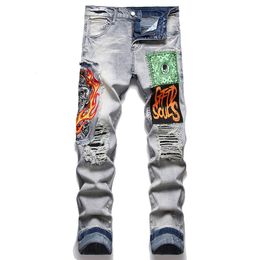 Men's Jeans Men Skull Flame Embroidery Streetwear Bandanna Paisley Print Patch Stretch Denim Pants Ripped Slim Tapered Trousers 230216